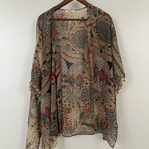 Colorful Patterned Kimono with Pom-Pom Trim